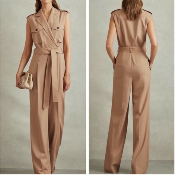 NEW REISS Luisa Wool Blend Double Breasted Belted Jumpsuit - Stone Khaki Beige